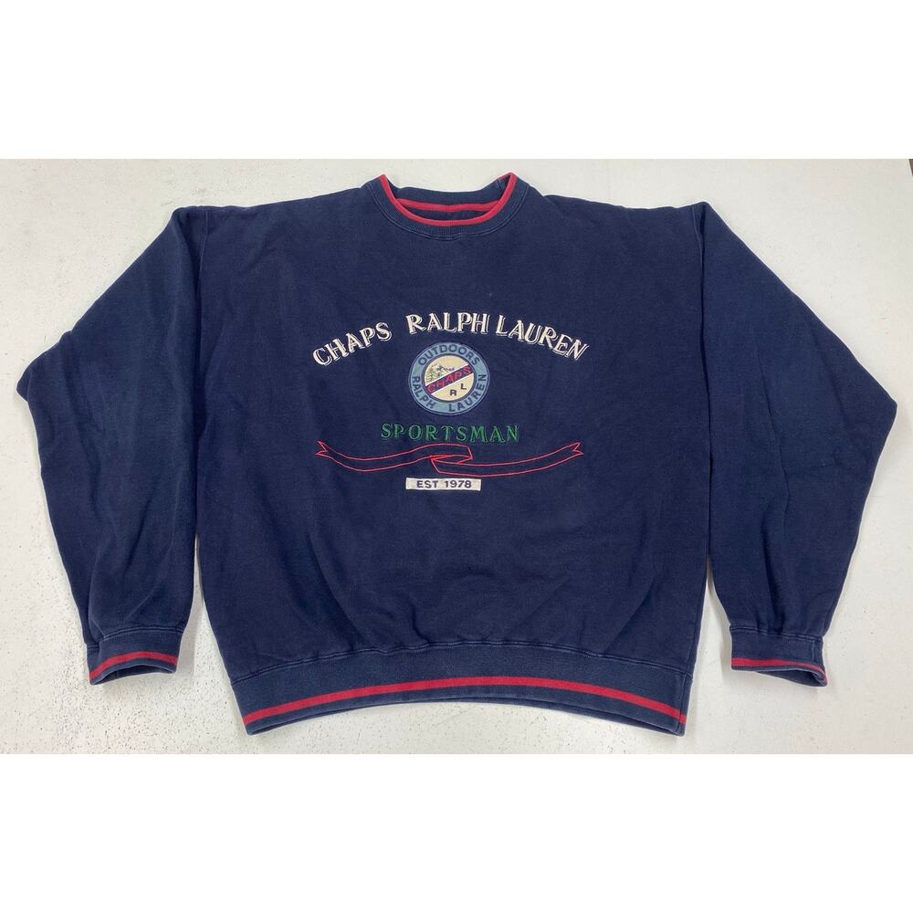 VTG Chaps Ralph Lauren Sportsman stitched patch crewneck pullover sweatshirt L